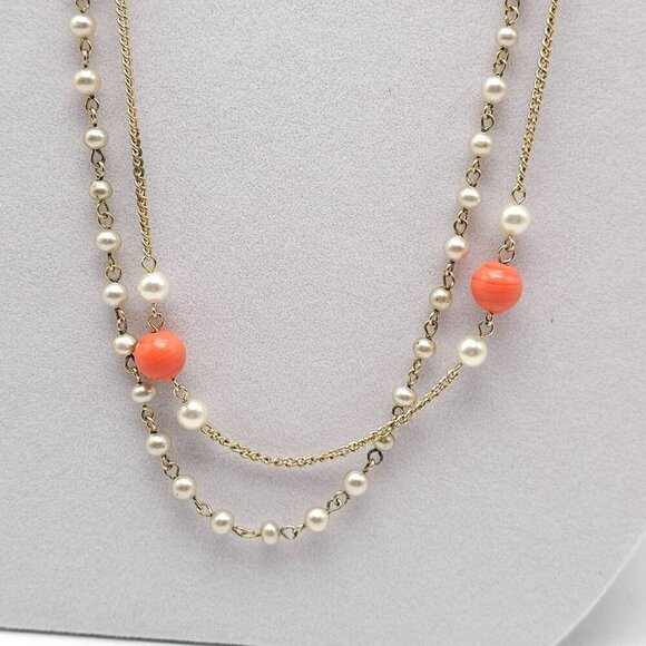 Vintage Gold Tone Double Strand Necklace Faux Pearls Coral Beads - Picture 4 of 5